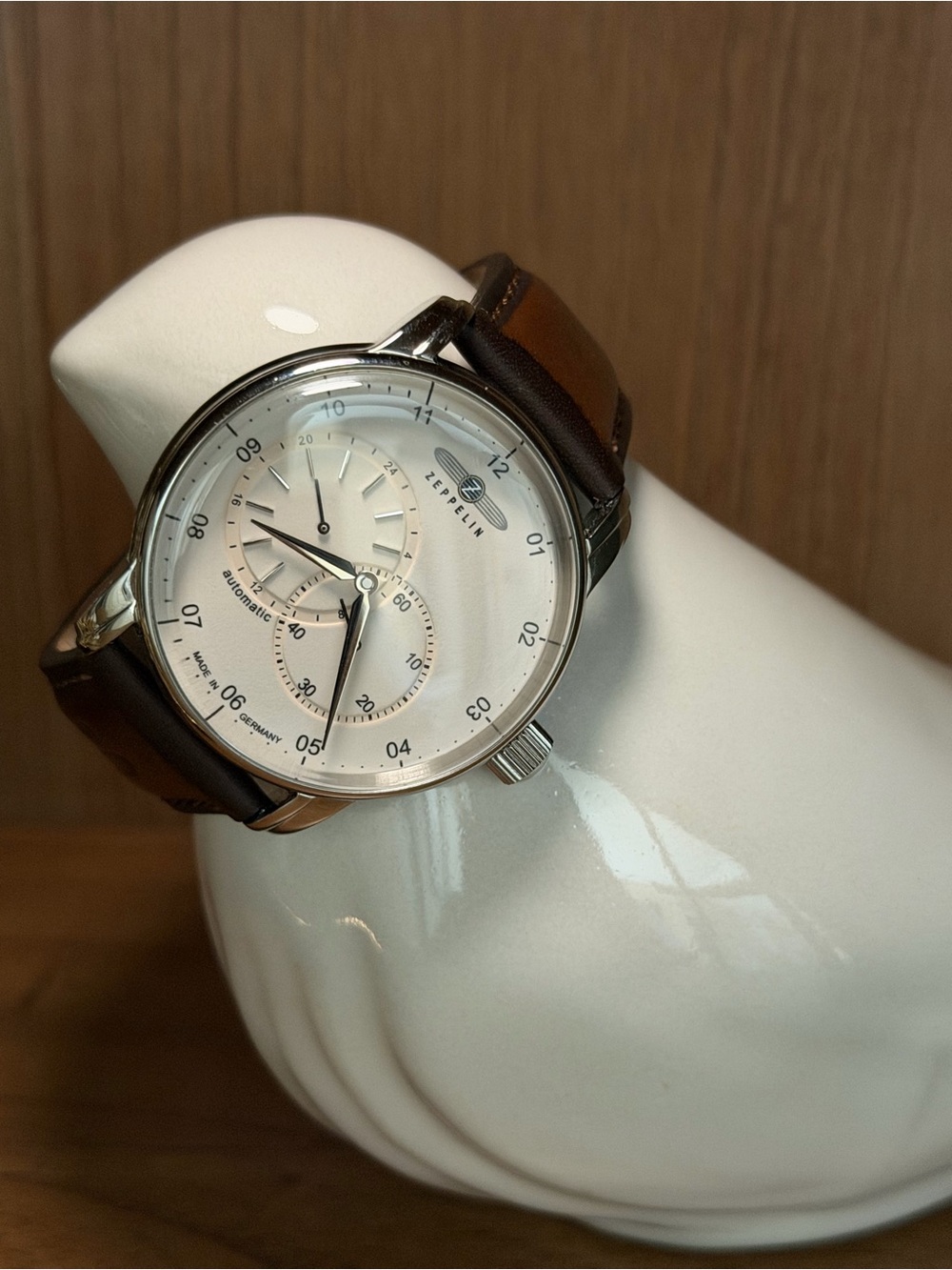 Brown Leather Watch with Silver Case and Cream Dial